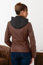 Effortlessly stylish cognac lambskin jacket with a detachable hood. - Image n°5