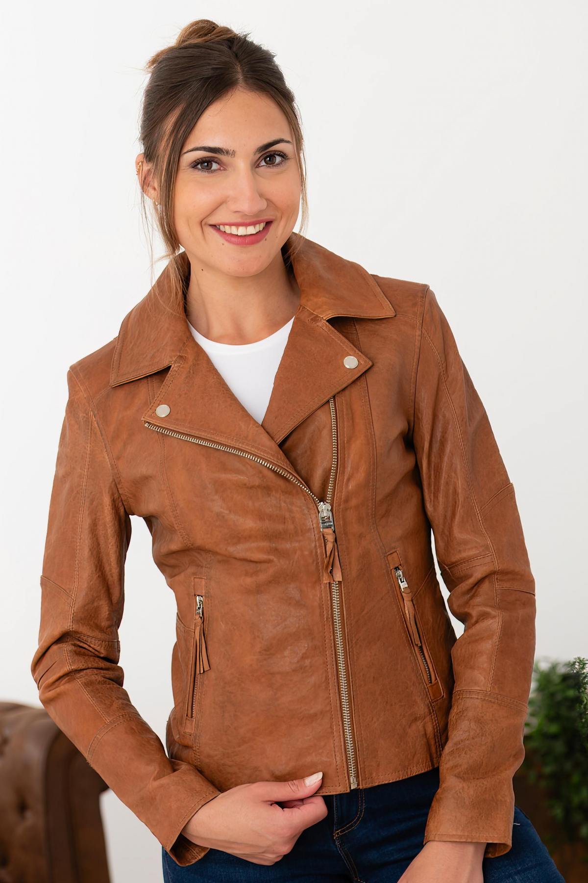 Tan leather jacket with asymmetrical collar - Image n°1