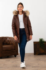 Cognac leather down jacket with fur hood - Image n°2