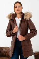 Cognac lambskin jacket, quilted and warm. Detachable fur hood. - Image n°1
