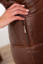 Cognac leather down jacket with fur hood - Image n°5