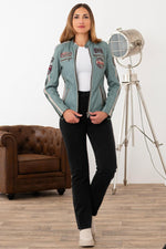 Blue racing leather jacket with patches - Image n°4