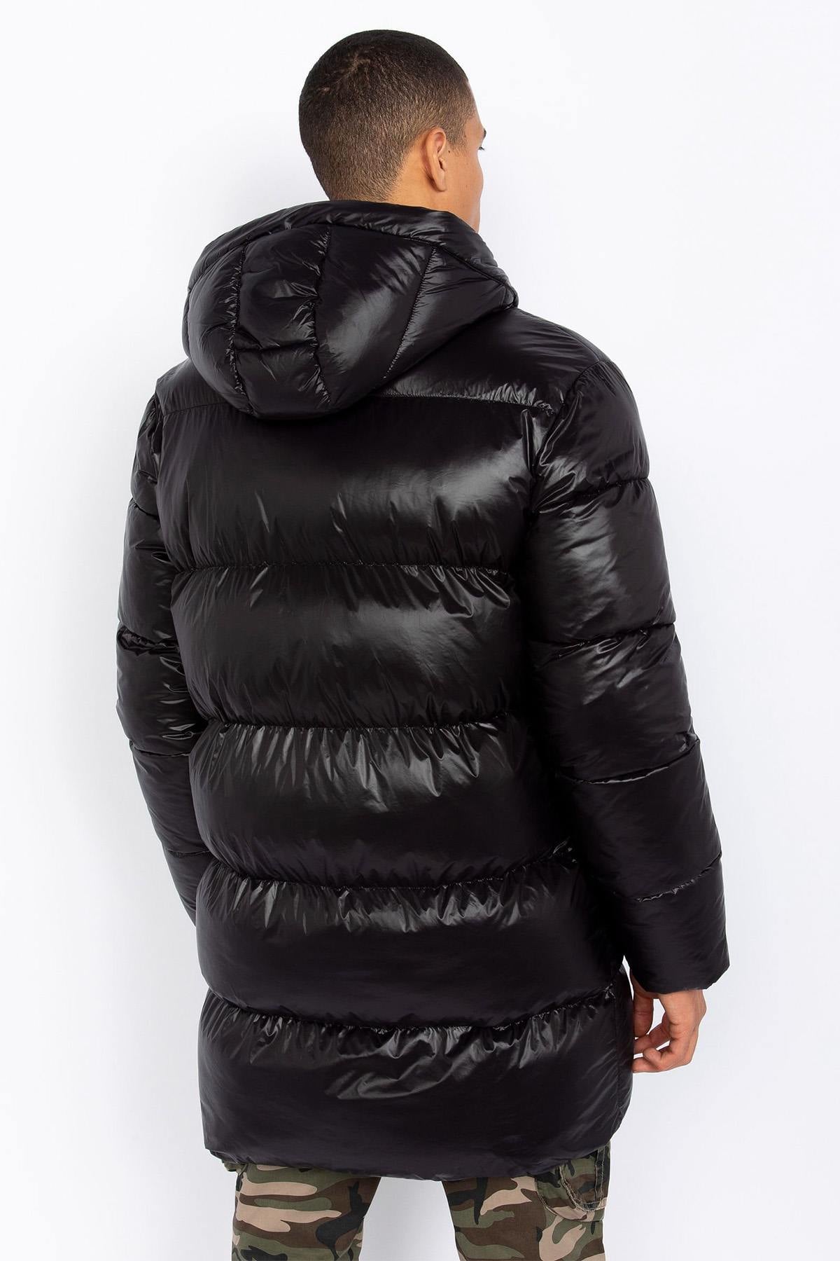 Black long quilted down jacket with hood - Image n°2