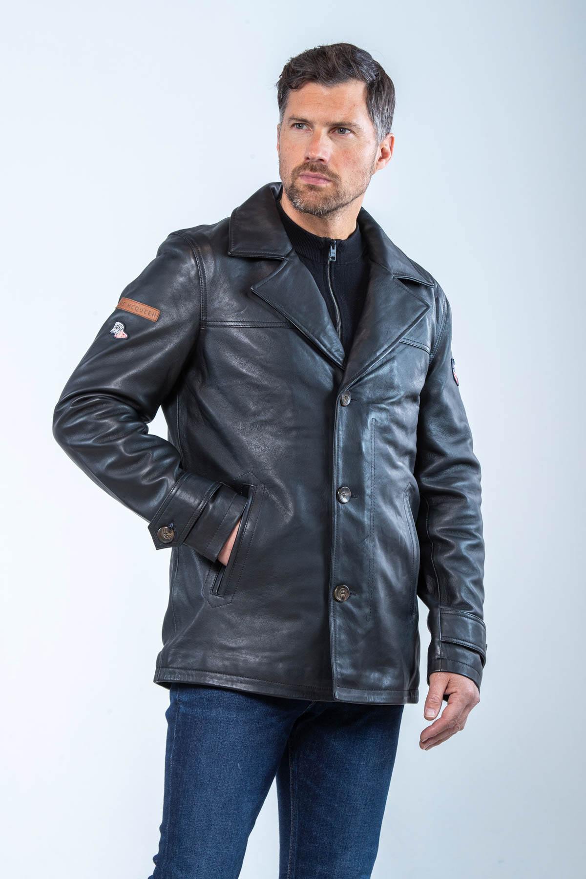 Matte black sheep leather jacket, straight fit. Steve McQueen's mark. - Image n°2