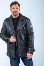 Black leather shirt collar mid-length jacket - Image n°7