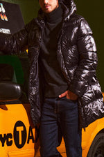Black long quilted down jacket with hood - Image n°4