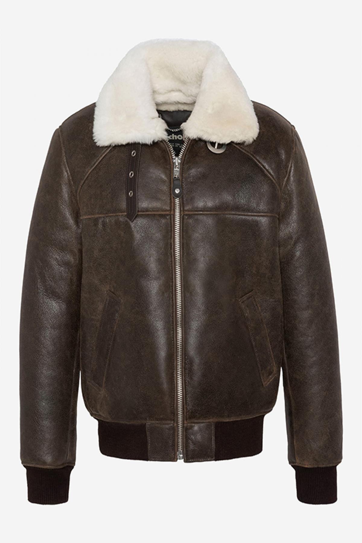 Schott's brown aviator in reversed sheep leather. Fur collar, warm. - Image n°4