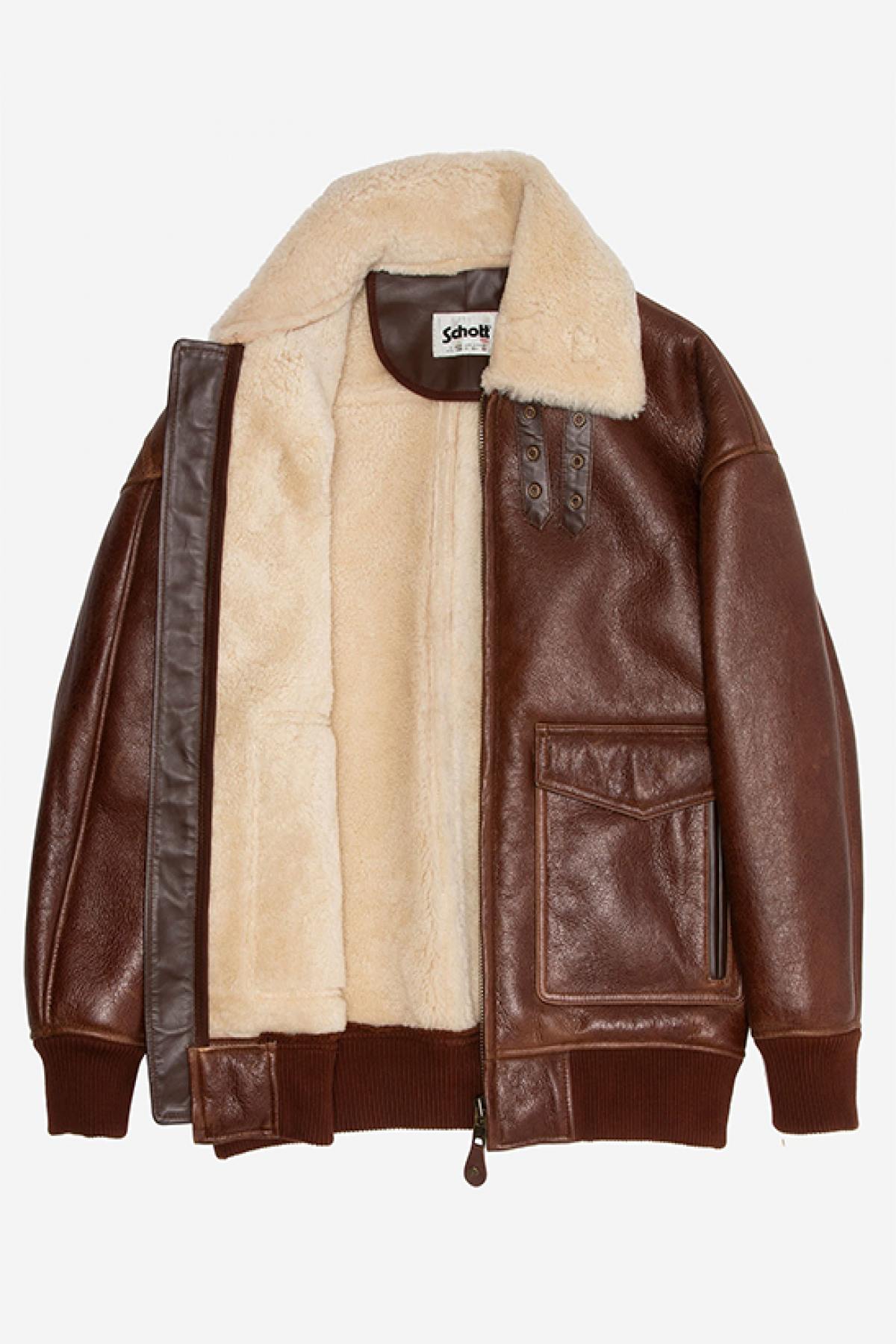 Double-faced moka sheepskin bomber by Schott. Oversized and cosy. - Image n°7