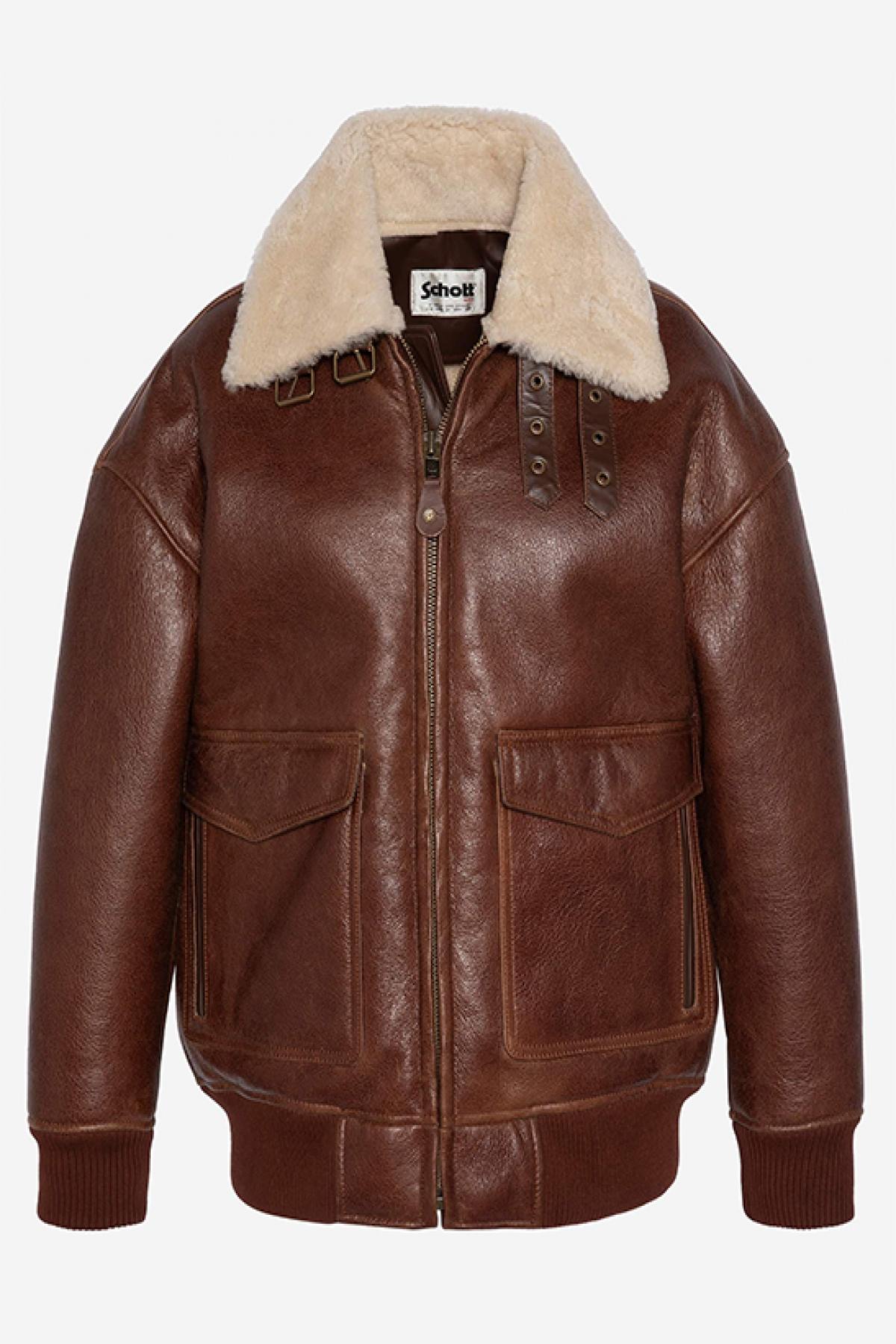 Double-faced moka sheepskin bomber by Schott. Oversized and cosy. - Image n°6
