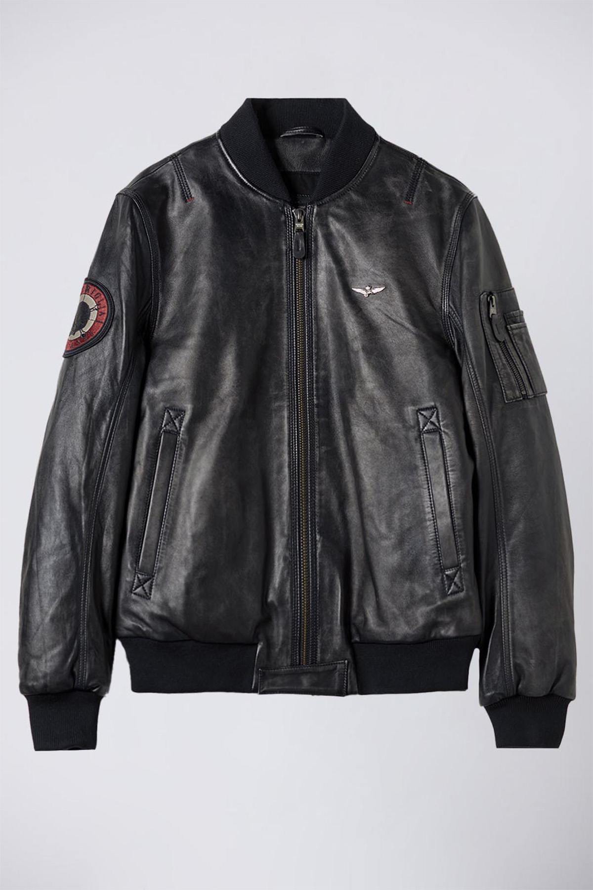 Black leather bomber jacket with sleeve patch - Image n°8