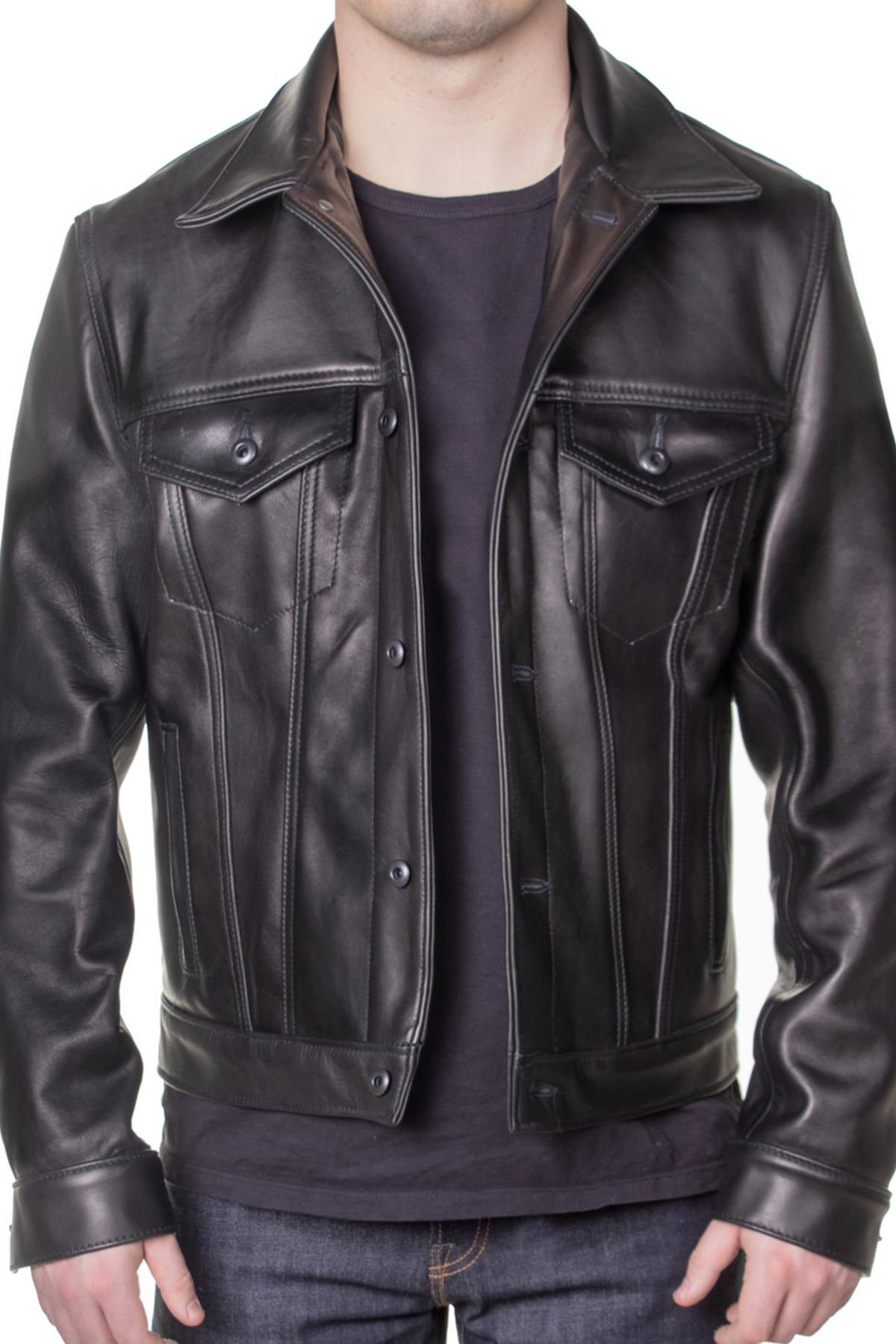 Slim-fit trucker jacket in full-grain cowhide, crafted by Schott USA. - Image n°5
