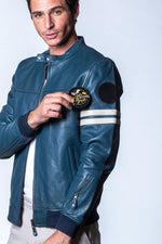 Royal blue lambskin jacket, supple and lightweight, with biker flair. - Image n°1