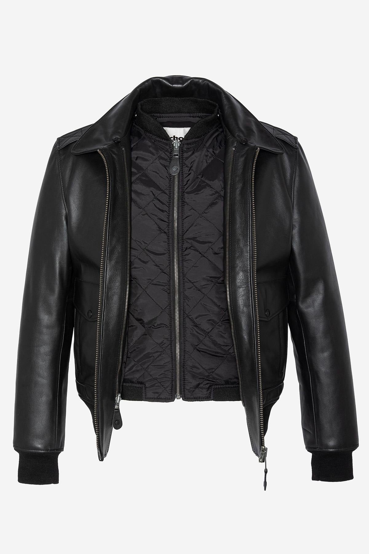 Schott's thick cowhide aviator jacket with removable shearling collar. - Image n°9
