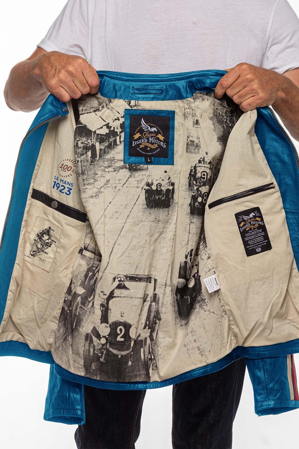 Ocean blue sheep leather jacket with 24h Le Mans patches and biker edge. - Image n°5