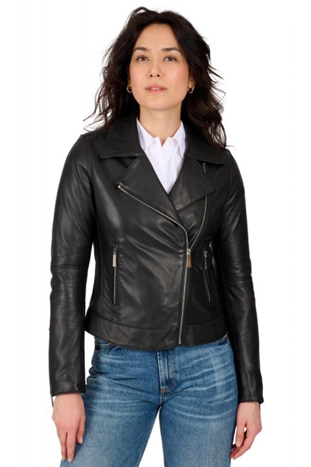 Slim black lambskin Perfecto with zipped cuffs and asymmetrical zip. - Image n°1