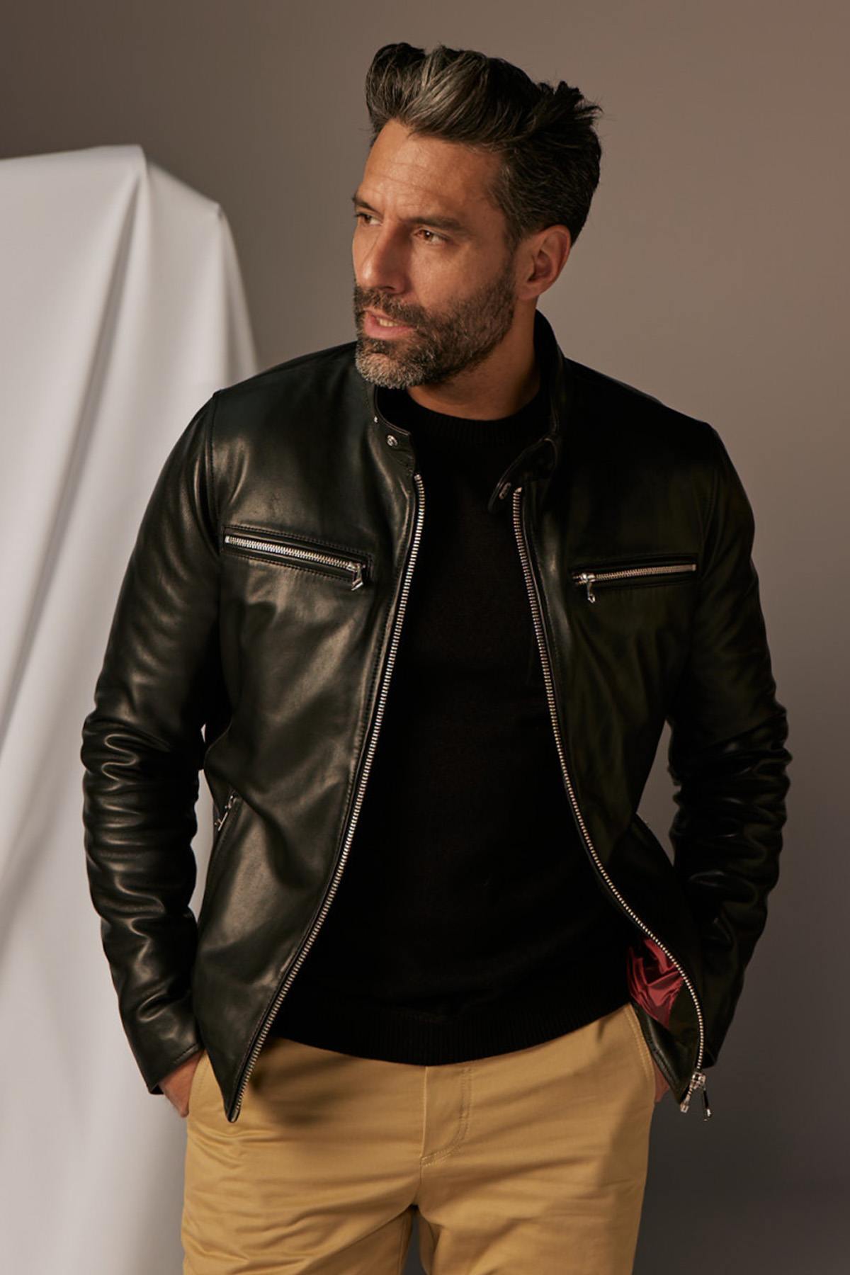 Redskins' black lambskin biker jacket: sleek, sharp, and adjustable. - Image n°1