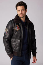Brown lambskin aviator jacket with Patrouille de France patches. - Image n°1