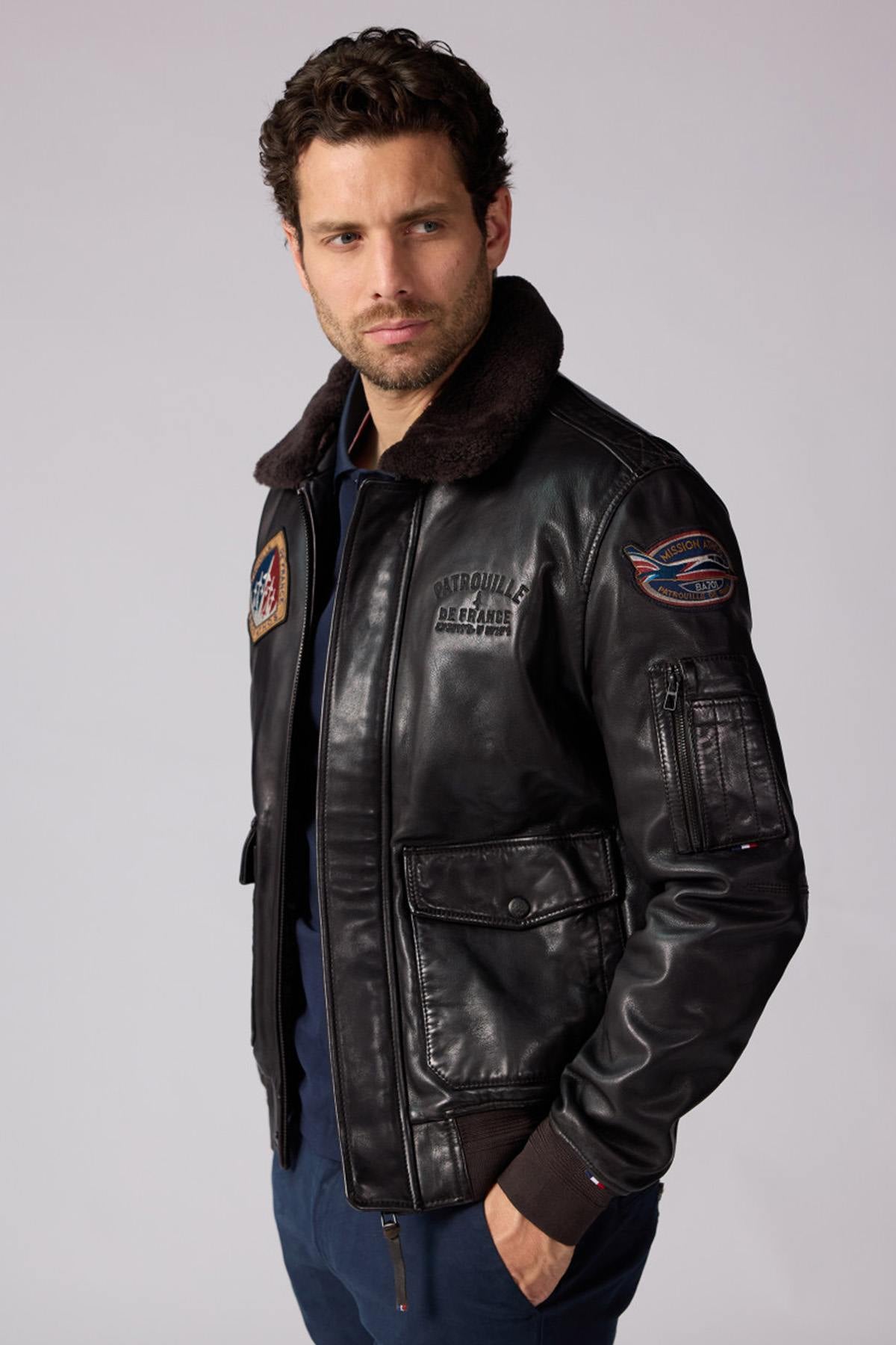 Brown lambskin aviator jacket with Patrouille de France patches. - Image n°6