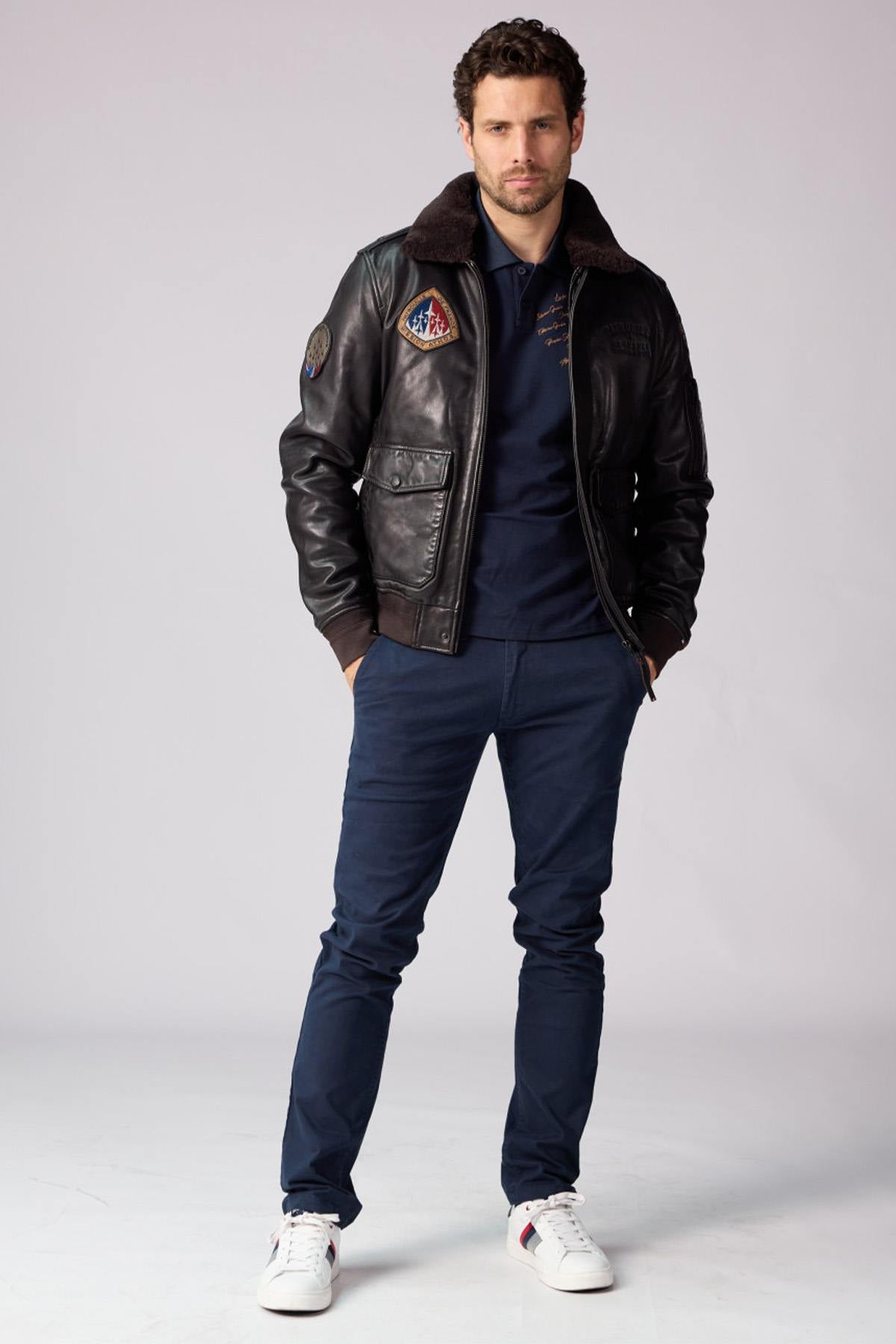 Brown lambskin aviator jacket with Patrouille de France patches. - Image n°4