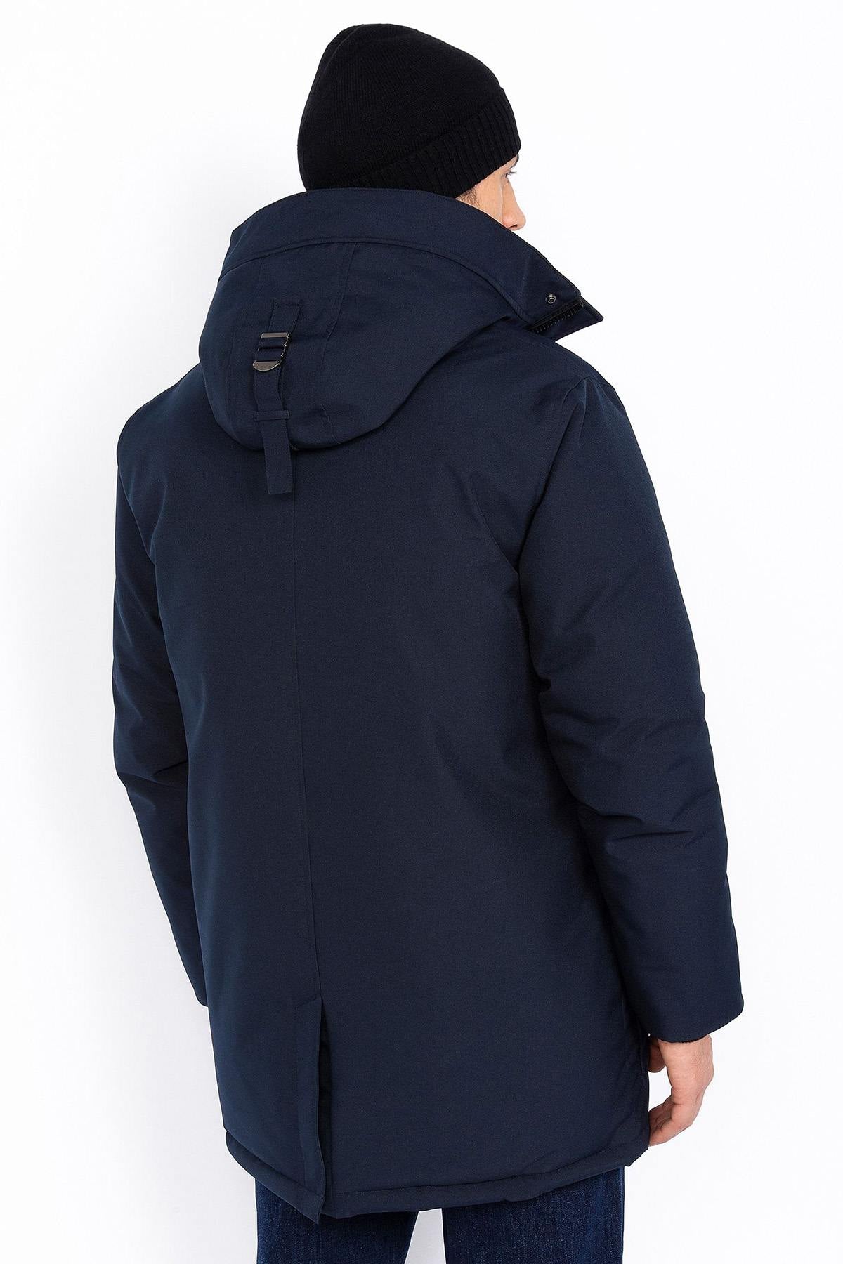Navy blue hooded textile parka - Image n°2