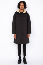Black long hooded parka with drawstring waist - Image n°8