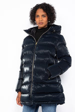 Long navy blue hooded down jacket with satin effect - Image n°4