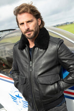 Schott's thick cowhide aviator jacket with removable shearling collar. - Image n°1
