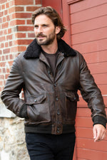 Dark brown lambsheep leather aviator with vegan fur collar. - Image n°1