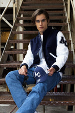Navy and white Ref 70: wool and leather for vintage-inspired style. - Image n°1