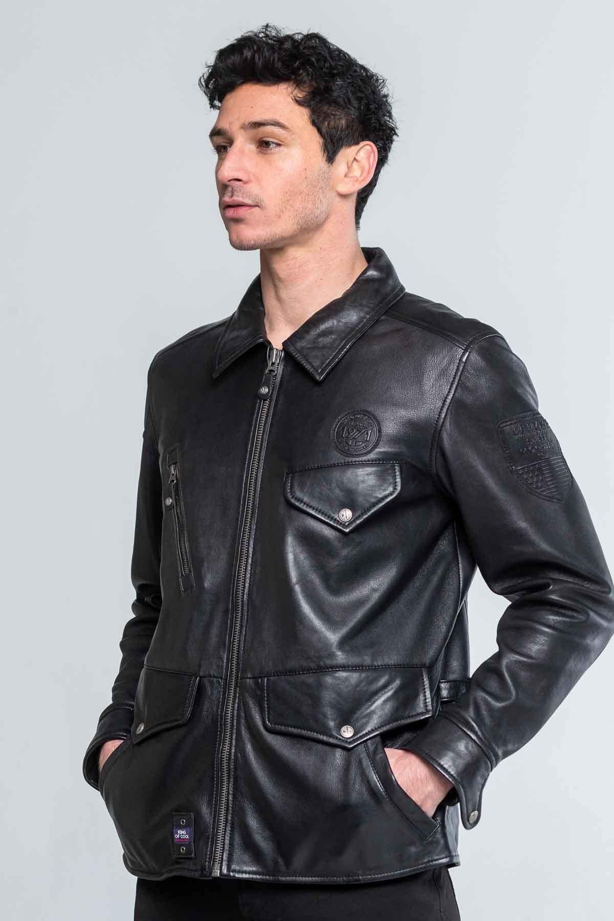 Slim black sheep leather jacket, Steve McQueen-inspired racing design. - Image n°3