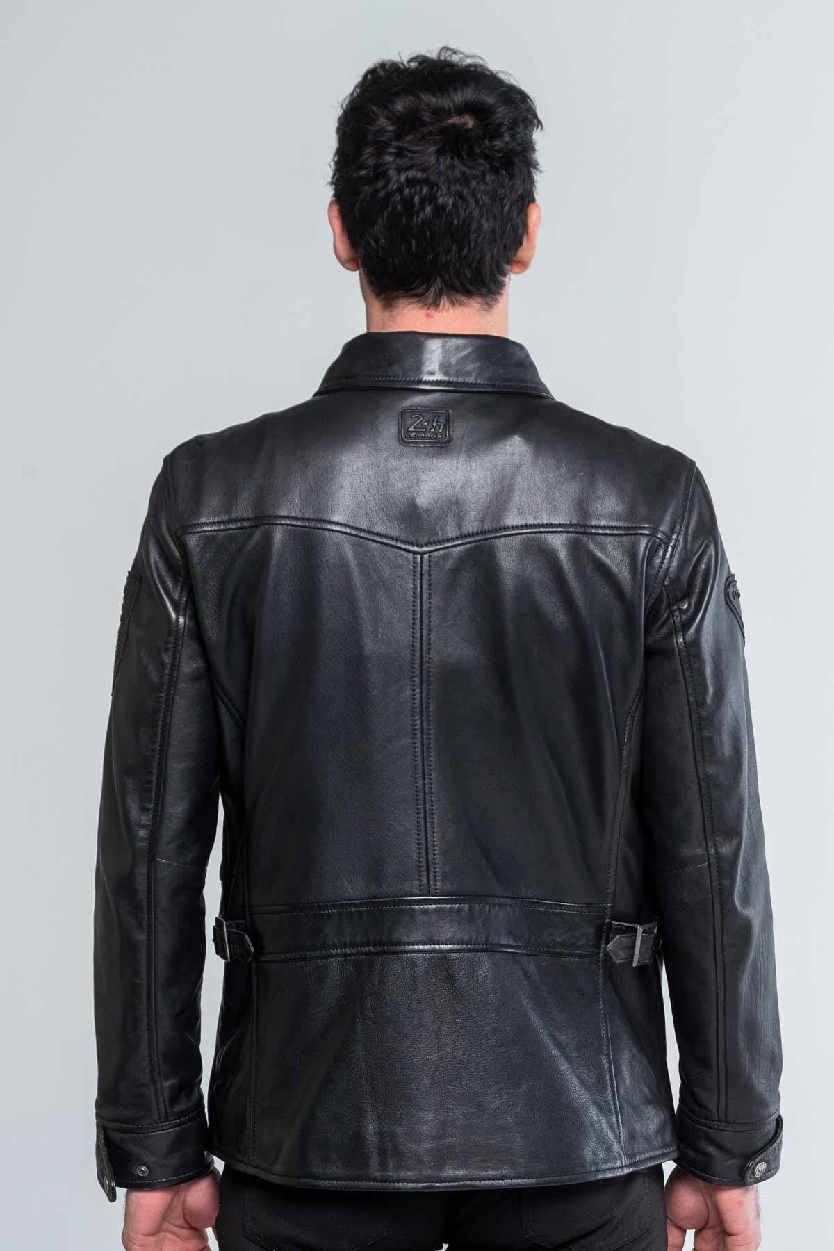 Slim black sheep leather jacket, Steve McQueen-inspired racing design. - Image n°2