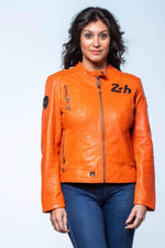 Orange leather jacket with biker collar and checkerboard on the shoulder - Image n°2