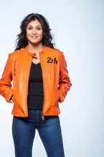 MARYLIN: orange sheepskin jacket with a biker collar and relaxed fit. - Image n°4