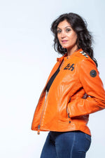 MARYLIN: orange sheepskin jacket with a biker collar and relaxed fit. - Image n°5