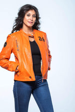 MARYLIN: orange sheepskin jacket with a biker collar and relaxed fit. - Image n°1