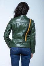 Kaki sheepskin leather jacket with a biker collar and regular fit. - Image n°3