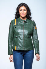 Kaki sheepskin leather jacket with a biker collar and regular fit. - Image n°2