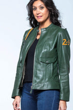 Kaki sheepskin leather jacket with a biker collar and regular fit. - Image n°1