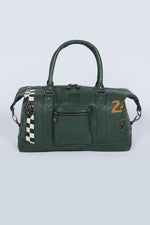 Green leather travel bag with racing checkerboard - Image n°1
