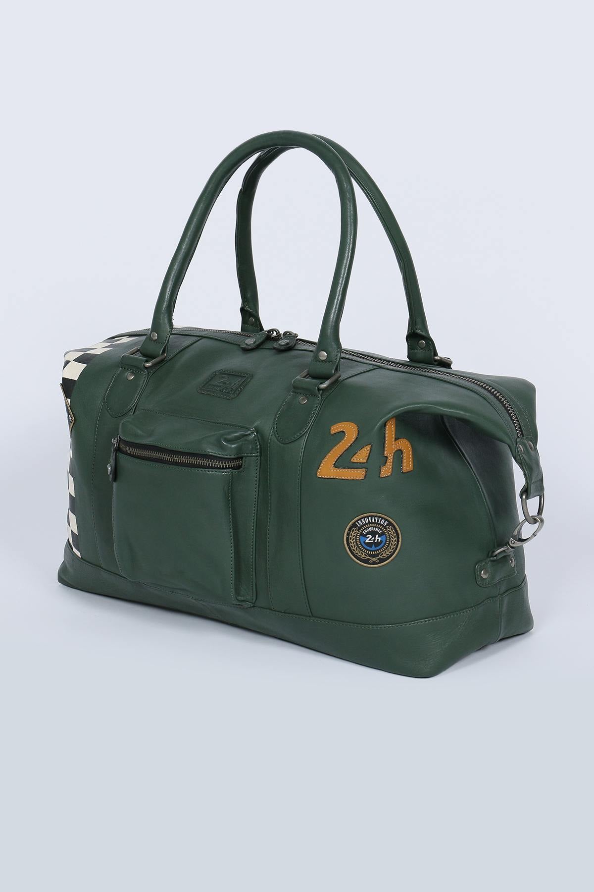 Green leather travel bag with racing checkerboard - Image n°5