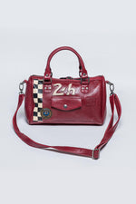 Dark red racing leather handbag with checkerboard - Image n°1