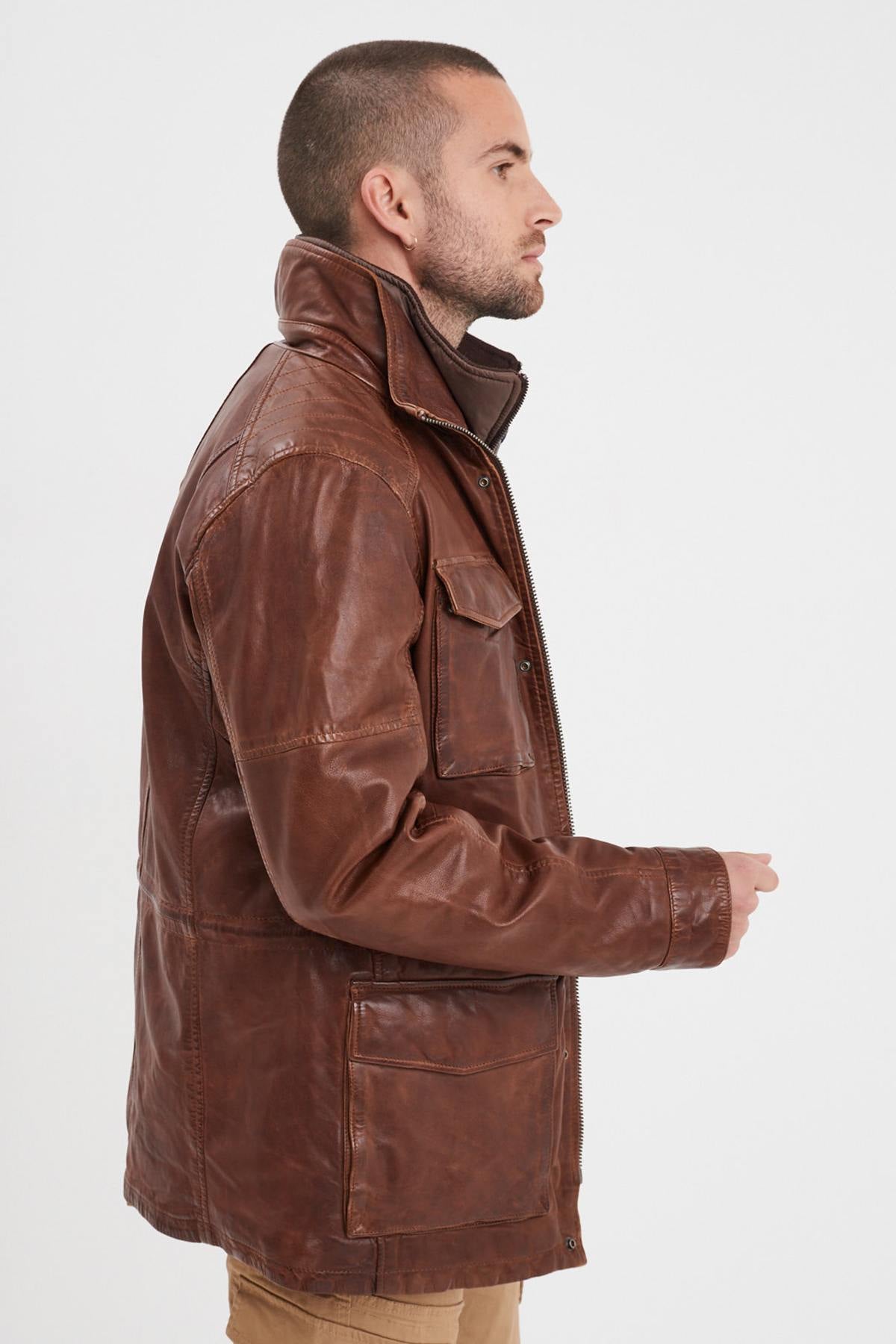 Mid-length lambskin jacket in bison, regular fit for a timeless look. - Image n°3