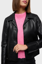 Black lightweight leather jacket with shirt collar - Image n°1