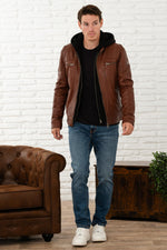 A maroon sheepskin leather jacket with zip front and removable hood. - Image n°7