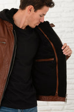 A maroon sheepskin leather jacket with zip front and removable hood. - Image n°8