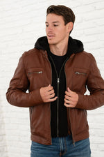A maroon sheepskin leather jacket with zip front and removable hood. - Image n°2