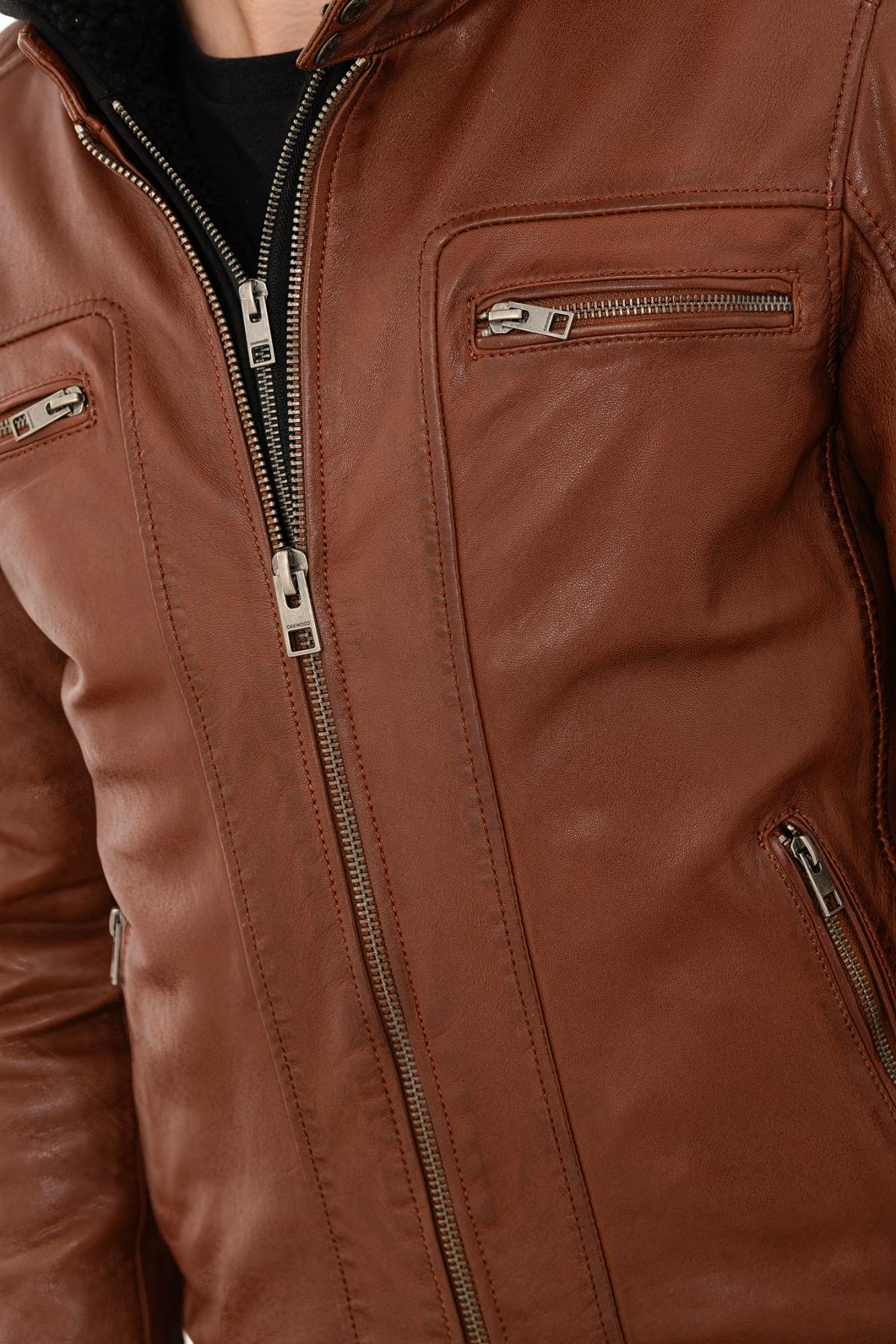 A maroon sheepskin leather jacket with zip front and removable hood. - Image n°4