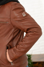 A maroon sheepskin leather jacket with zip front and removable hood. - Image n°5
