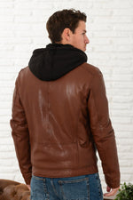 A maroon sheepskin leather jacket with zip front and removable hood. - Image n°3