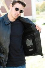 Steve McQueen black leather jacket with shirt collar - Image n°12